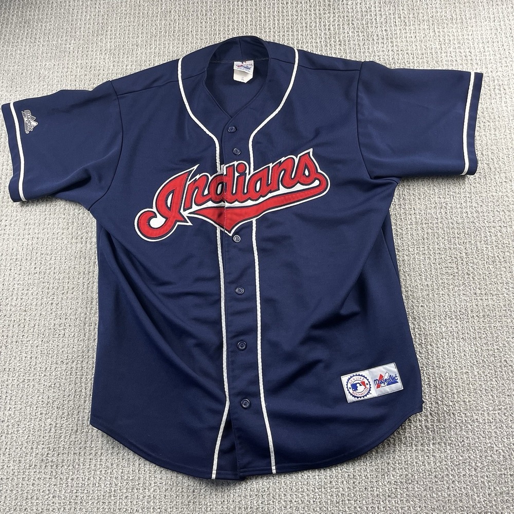 Majestic Stitched Cleveland Indians Blue Baseball Jersey Embroidered Mens XL